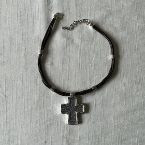 Unisex Chocker Necklace with 2” Silver-Tone Beaded Cross on Brown Leather Cord